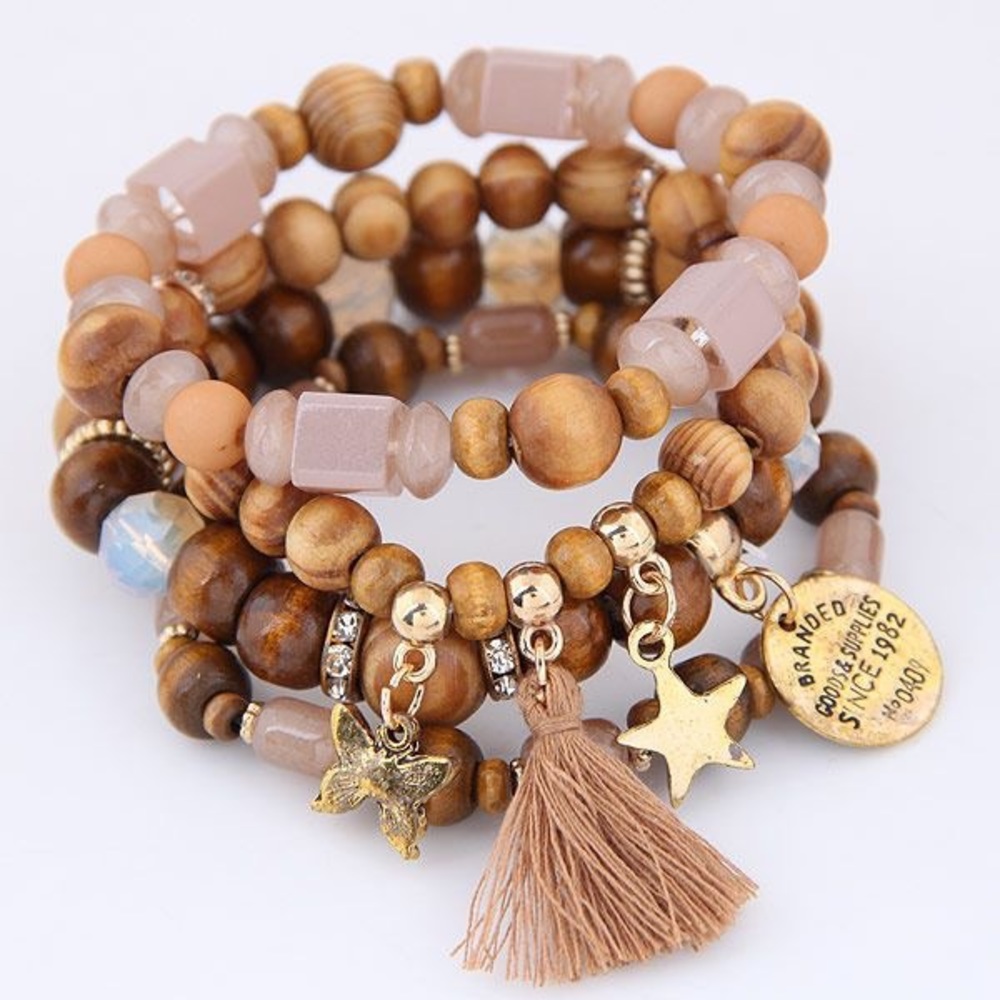 210. 4pc wood beaded tassel and charm bracelet set